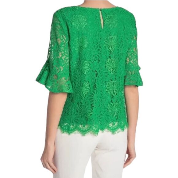 Nanette Lepore Women’s Green Lace Scallop Hem Bell Sleeves Top, Size L - Picture 2 of 8